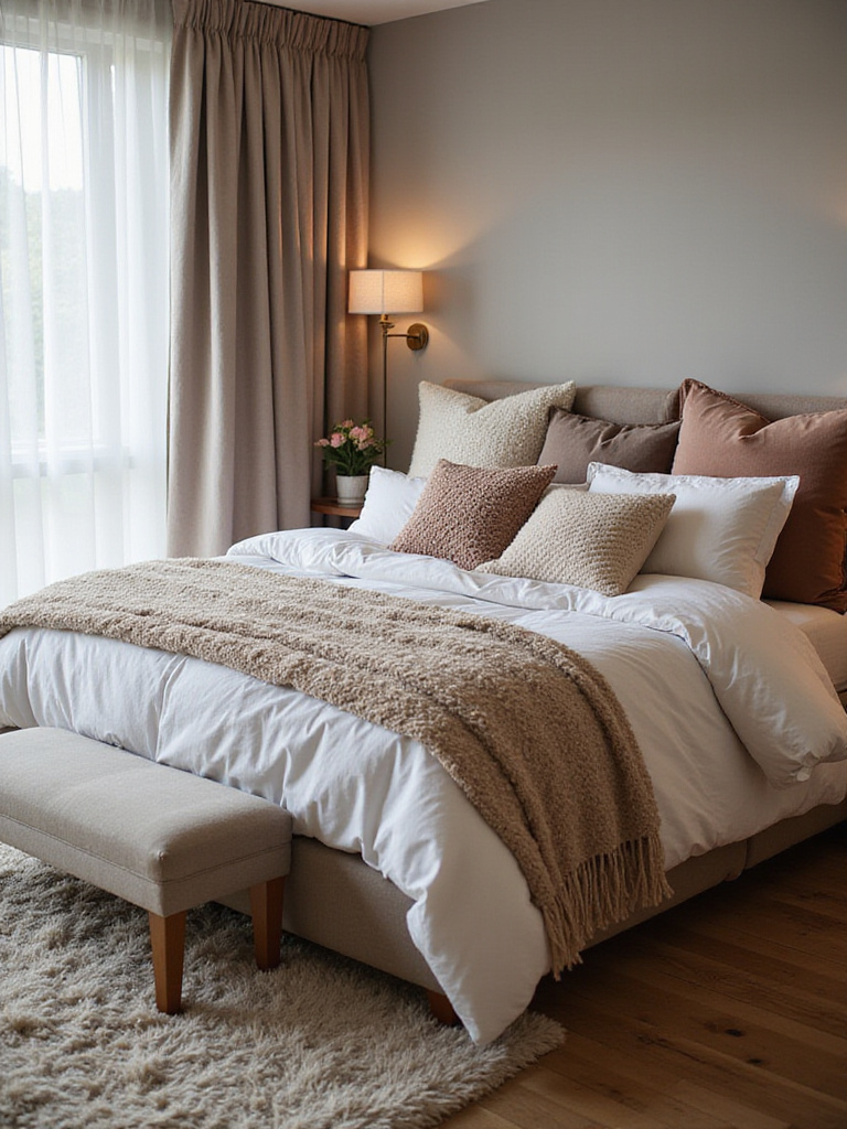 A cozy bedroom featuring a bed layered with plush textiles like soft blankets, fluffy pillows, and a shaggy rug, creating a warm and textured sanctuary.