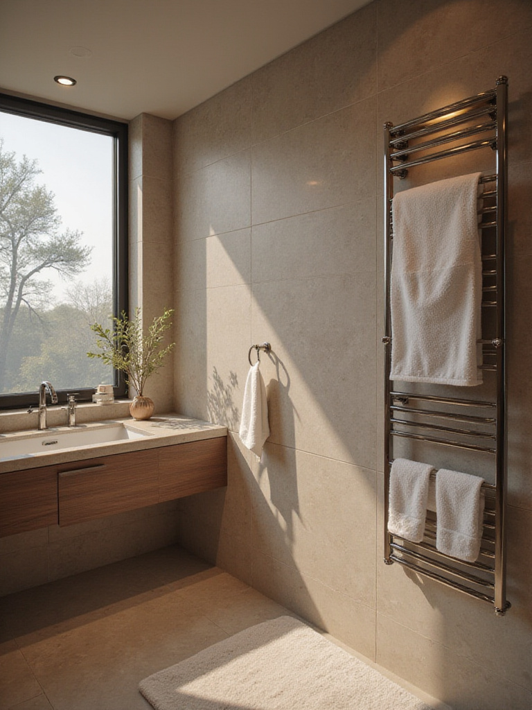 Stylish mounted towel warmer holding warm towels in a luxurious, modern bathroom with elegant tile and vanity.
