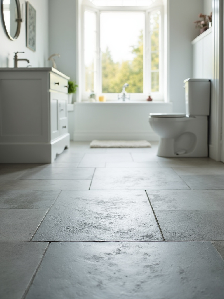 Modern bathroom with textured slate flooring providing slip resistance and visual interest