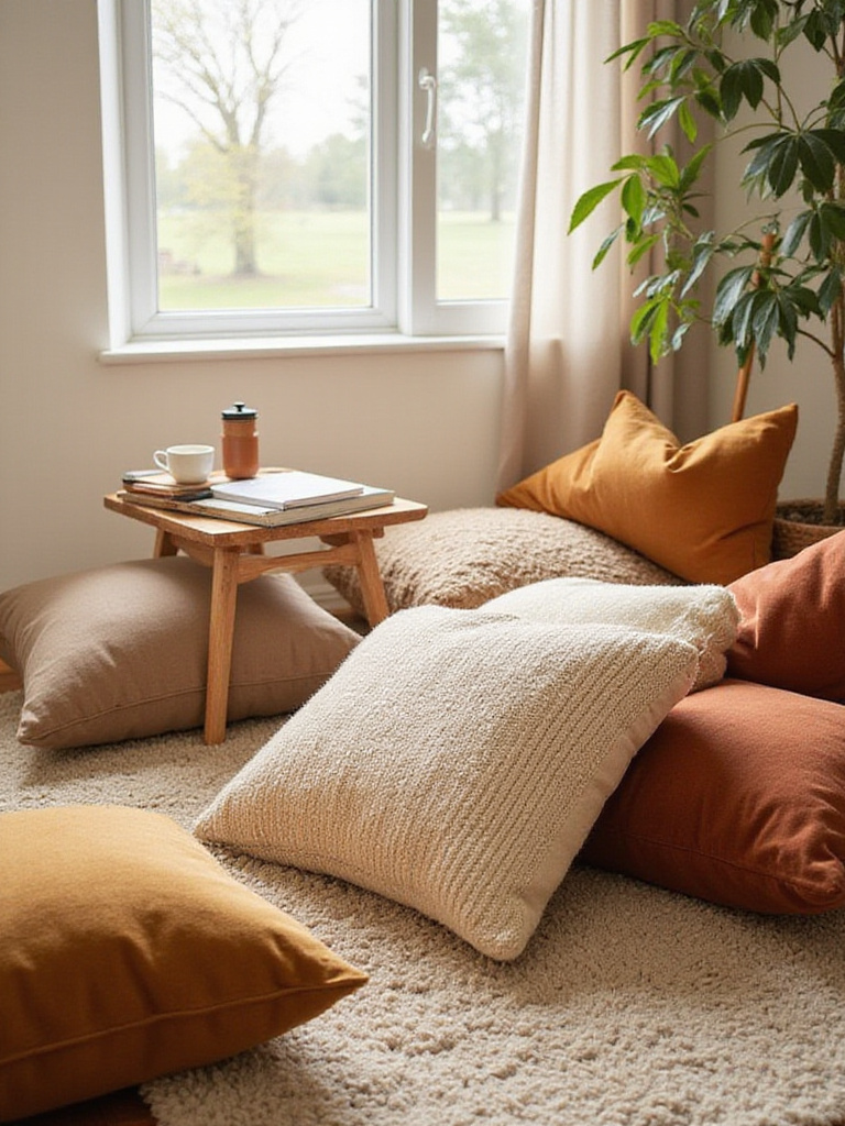 Cozy living room corner with oversized floor pillows for casual seating