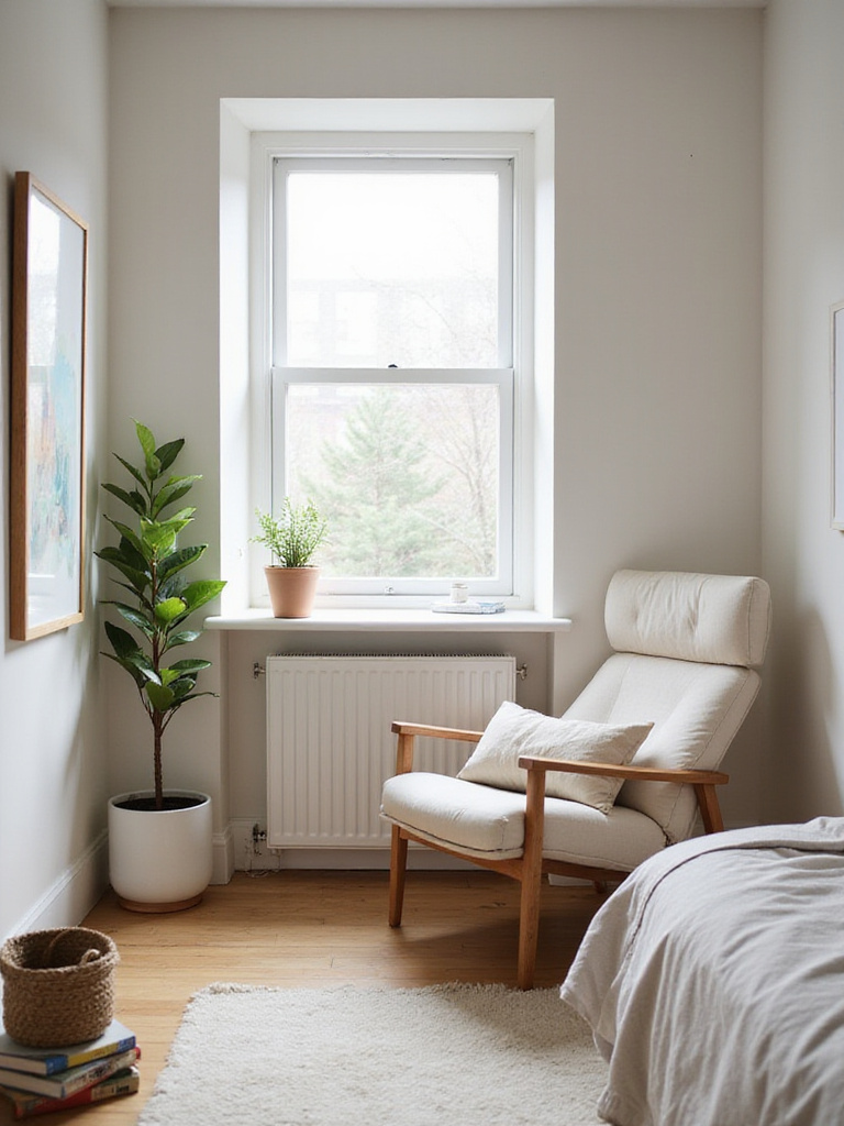Minimalist chair in a cozy nook of a modern bedroom