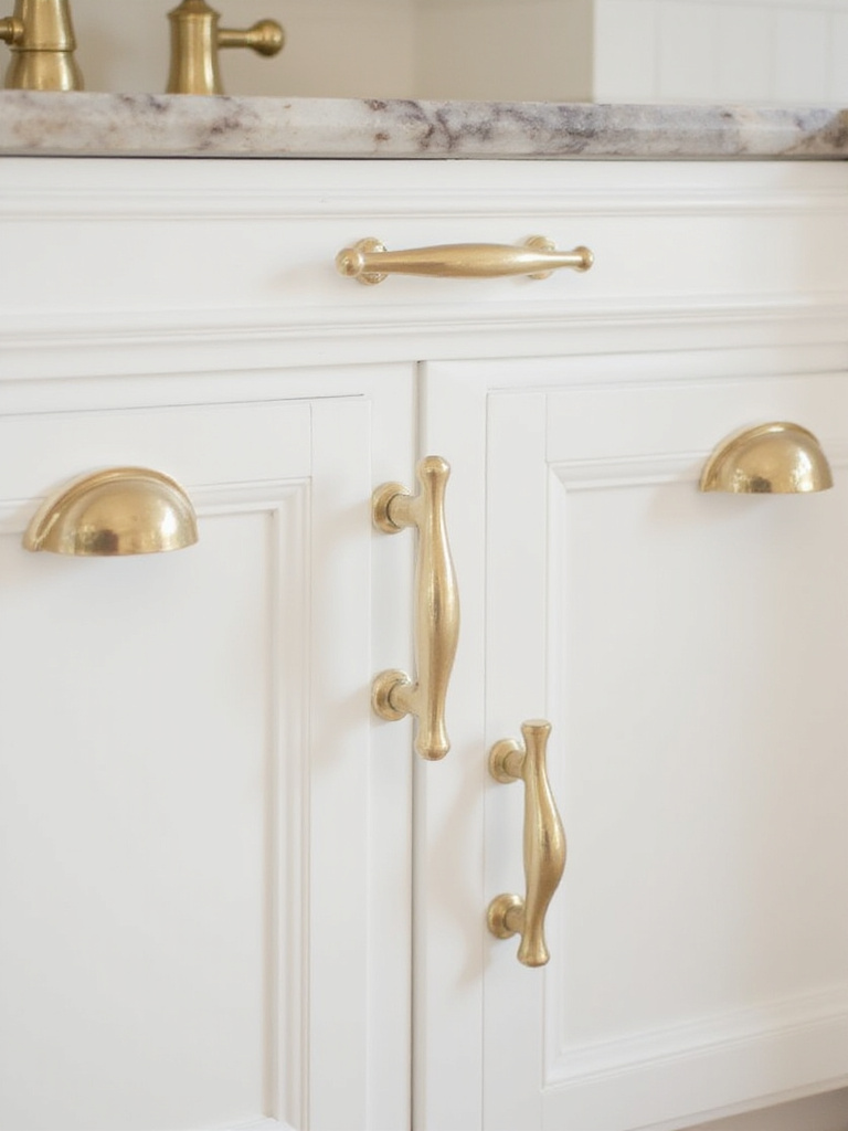 White kitchen cabinets featuring gold or brass hardware (pulls and knobs), adding a touch of warm luxury and sophisticated contrast.