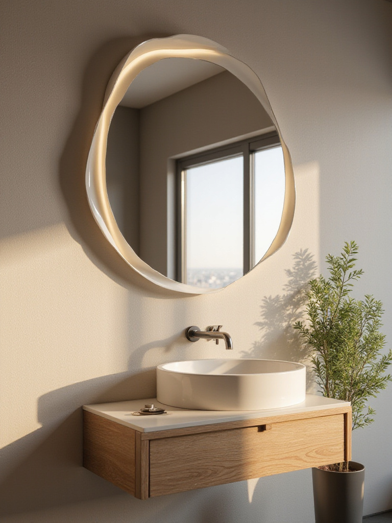 Modern bathroom with a uniquely shaped mirror above a minimalist vanity