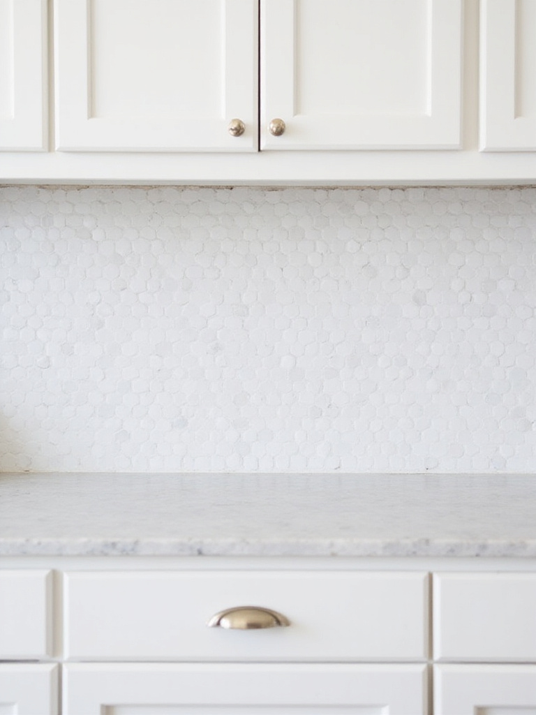 A kitchen with a patterned white or neutral backsplash tile, like hexagons or arabesque shapes, adding subtle interest to the white color scheme.