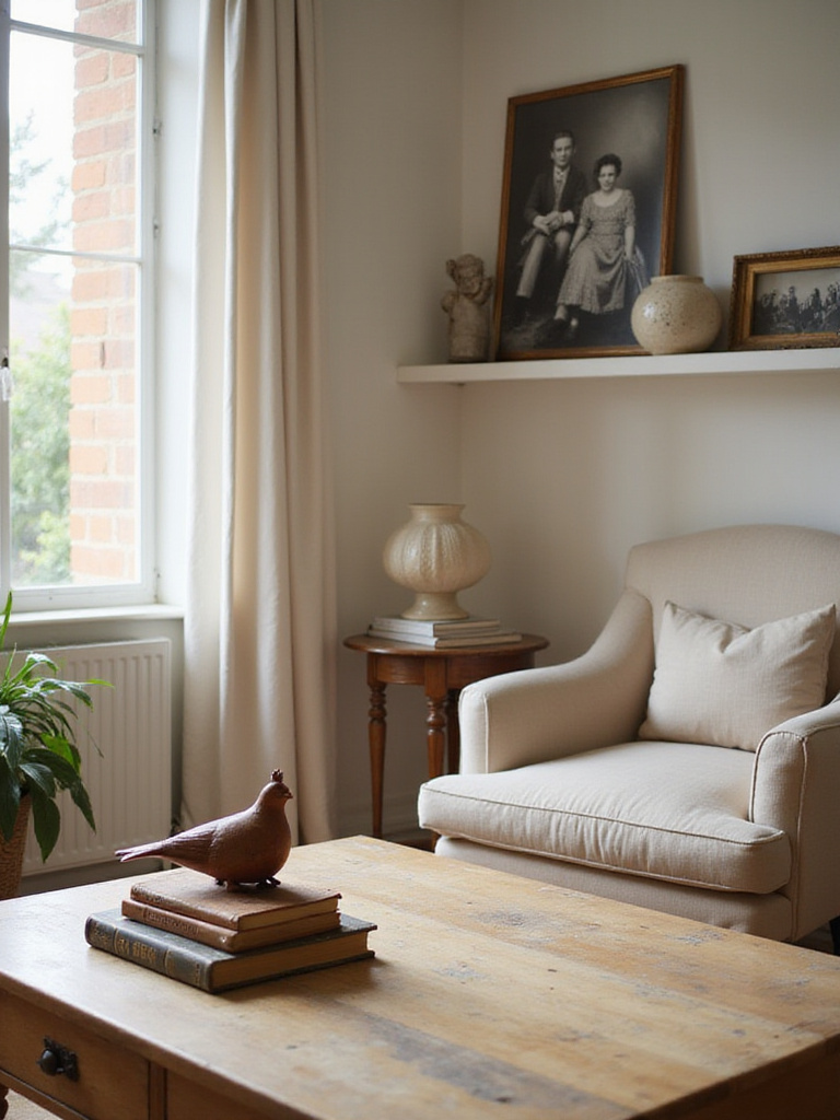 Styled living room featuring a coffee table, shelving, and side table adorned with personal and meaningful accessories like framed photos, vintage books, handmade pottery, and antique decorative objects, creating a warm and inviting atmosphere.