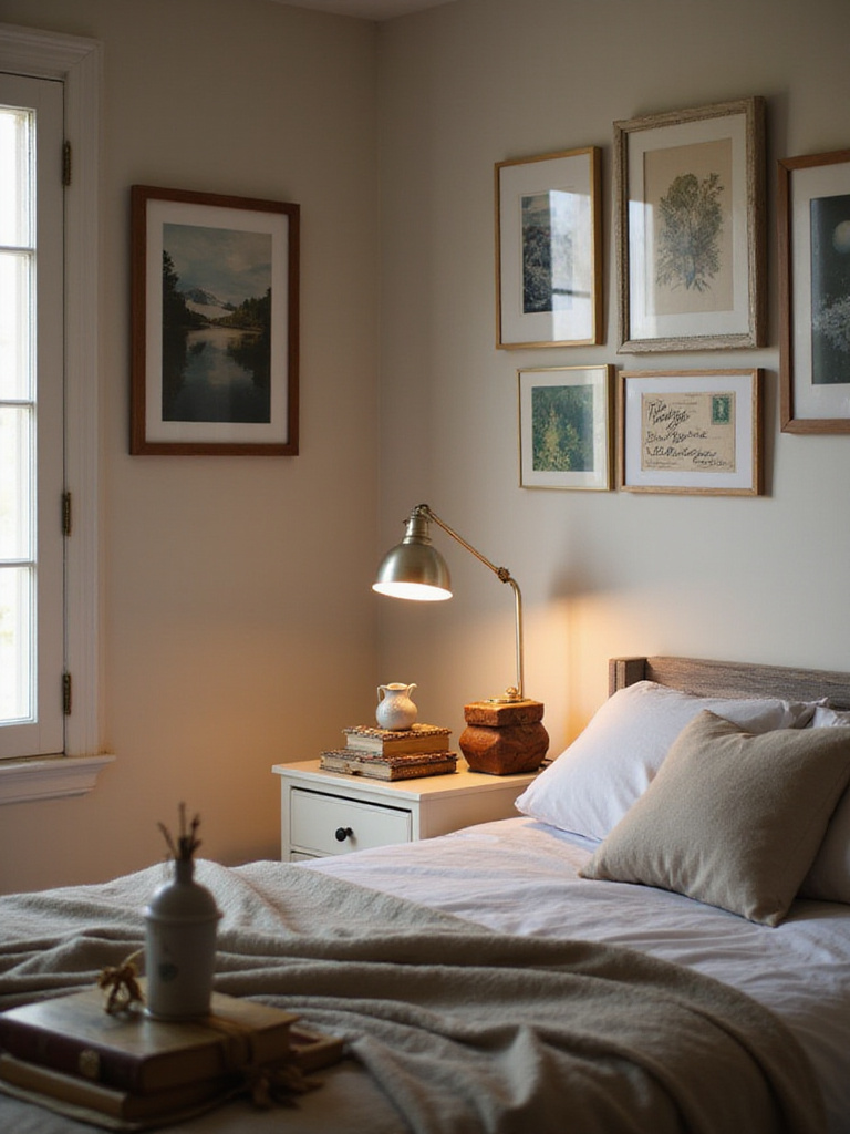 A cozy bedroom featuring a gallery wall of framed photos and art above a dresser displaying travel souvenirs and old books, illustrating how to add personal touches and mementos to decor.