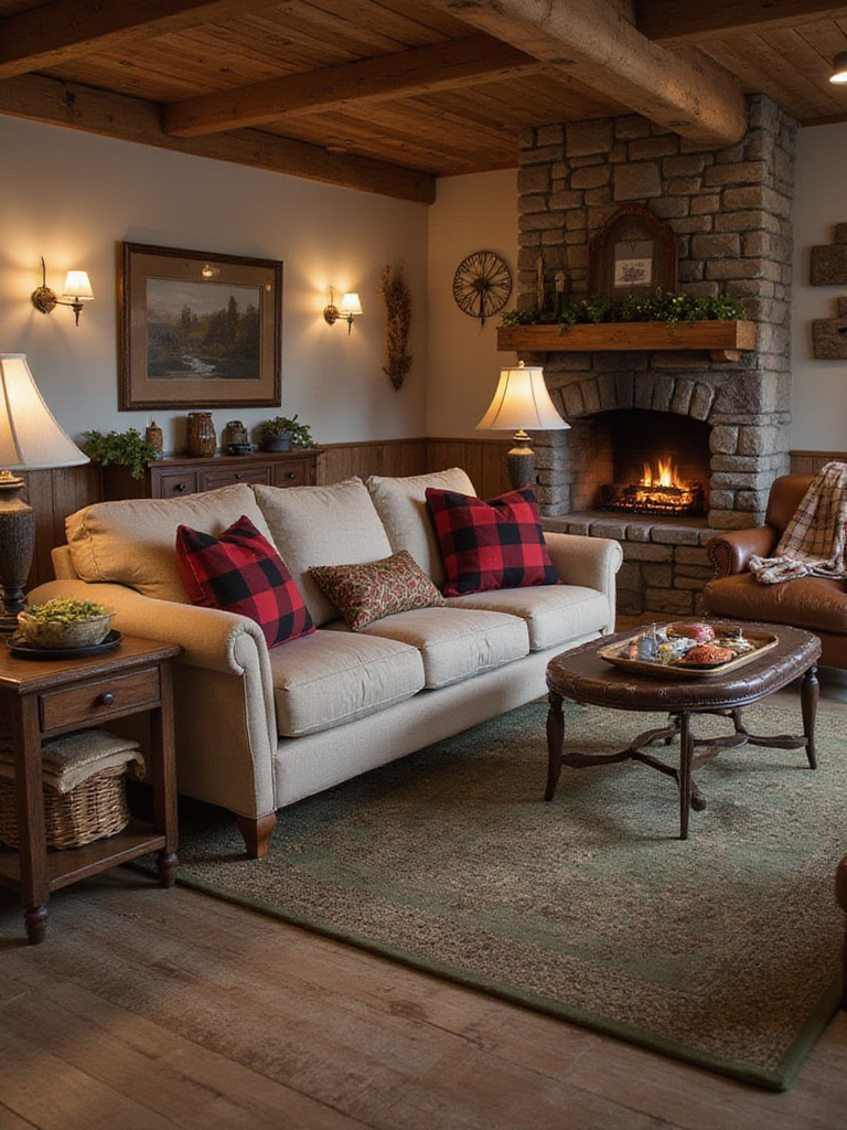 Rustic living room featuring a sofa and armchair adorned with red and black buffalo check and other plaid throw pillows and blankets, anchored by a plaid area rug in front of a stone fireplace.
