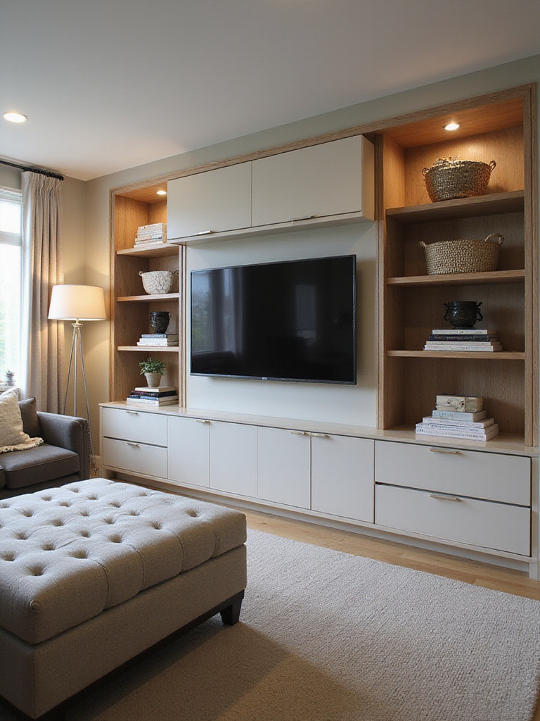 A stylish living room featuring smart storage solutions including a media console with drawers, built-in shelves with decorative baskets, and a storage ottoman, showcasing how organization enhances the room's design.