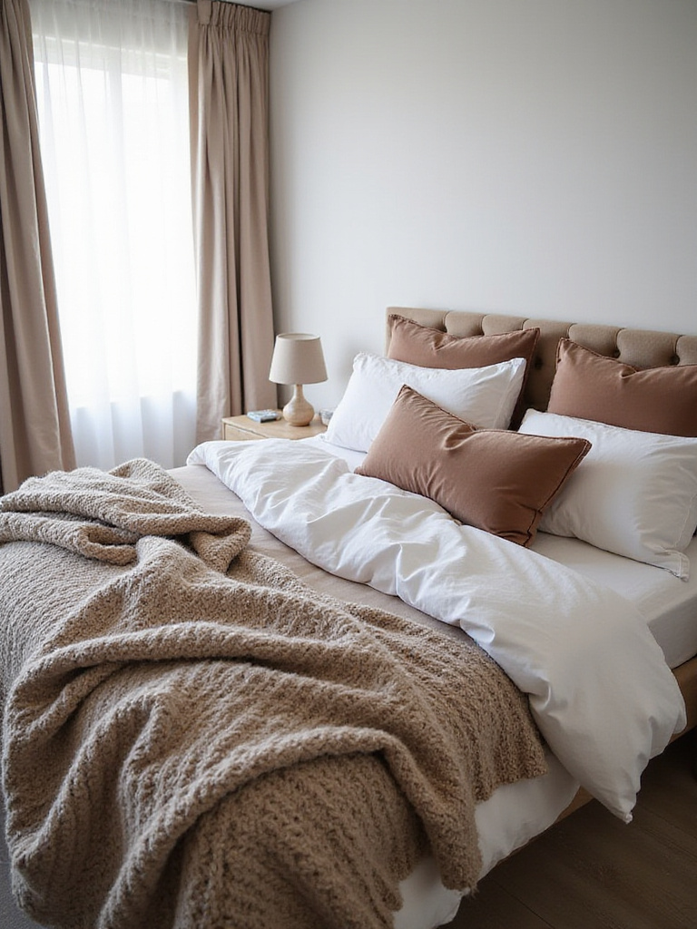 Modern bedroom with layered textiles and rich textures