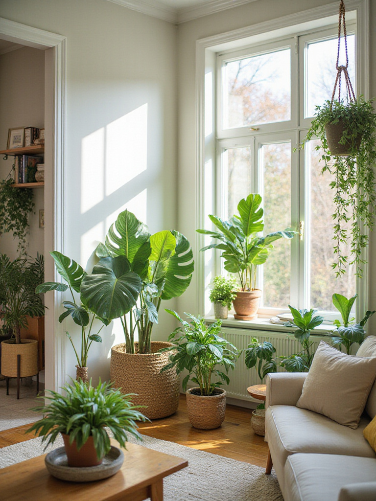 Living room with houseplants, creating a cozy and inviting atmosphere