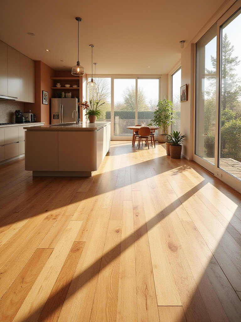 Warm medium-toned wide-plank wood flooring in a modern kitchen interior, adding comfort and inviting character to the space.