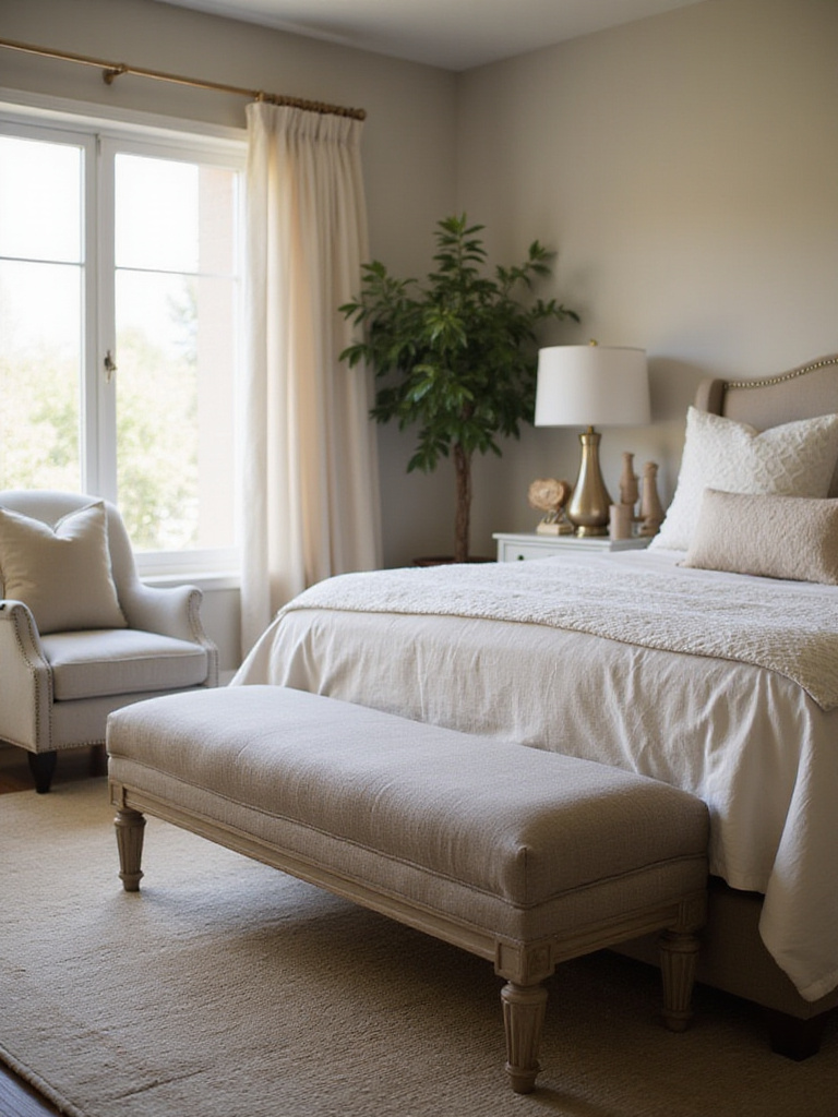 Stylish upholstered bench or ottoman placed at the foot of a comfortable bed in a well-decorated bedroom.