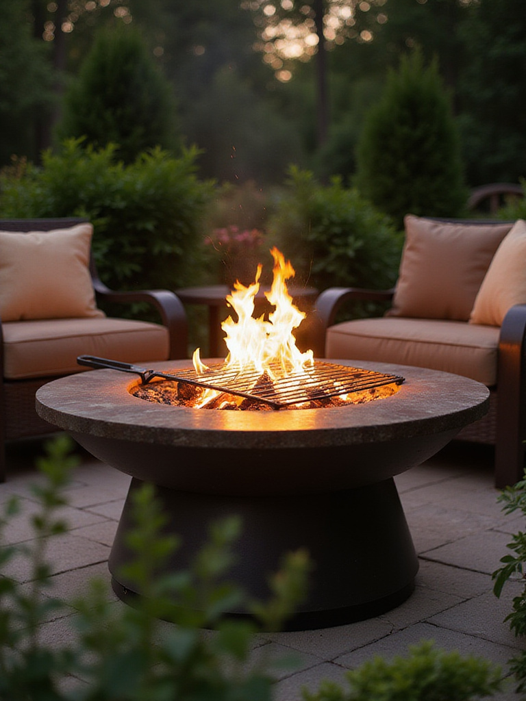 Fire pit with grill grate in a lush backyard setting