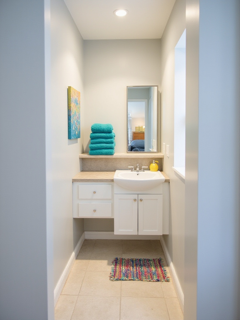 Small bathroom with light grey walls, white vanity, and strategic pops of color from teal towels, a yellow soap dispenser, abstract art, and a colorful bath mat.
