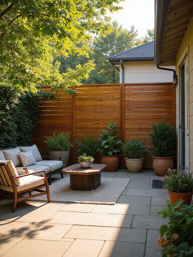 A modern backyard patio featuring a slatted wooden privacy screen that blocks views from neighbors, enhancing the sense of seclusion and comfort.