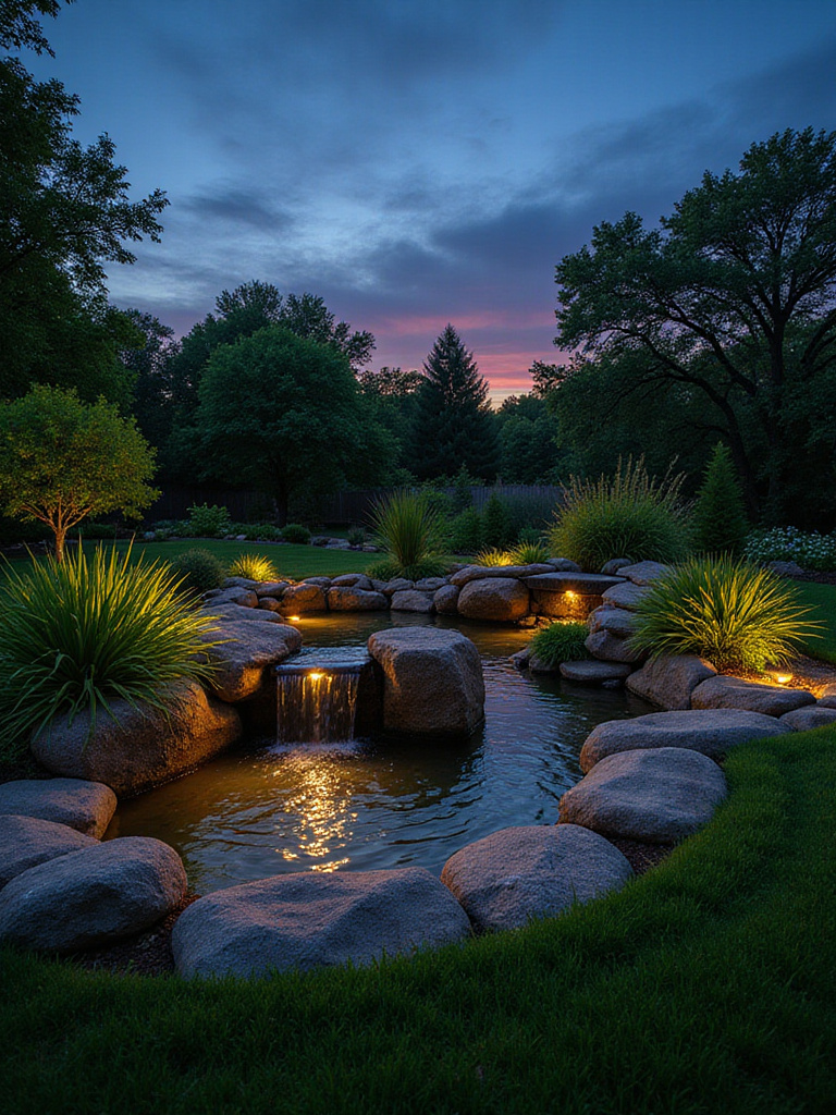 Serene backyard pond with waterfall and underwater lighting.