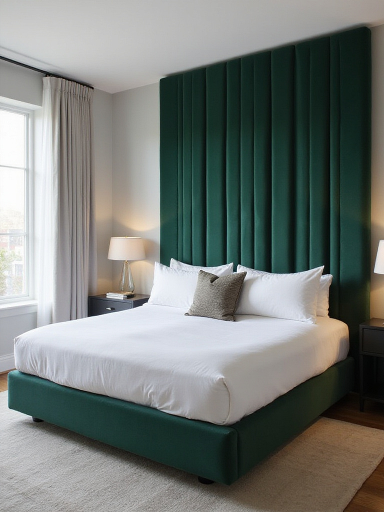 Stylish bedroom featuring a dramatic, extra-tall deep green velvet upholstered statement headboard.