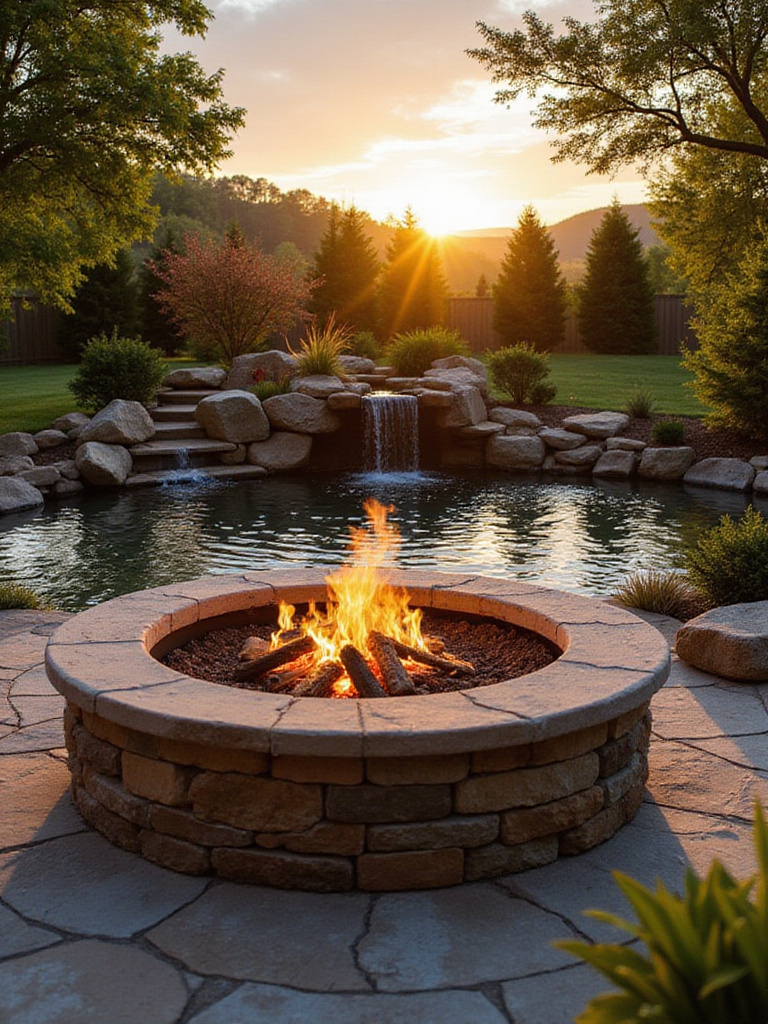 A tranquil backyard with a fire pit and water feature, showcasing the harmony of fire and water.