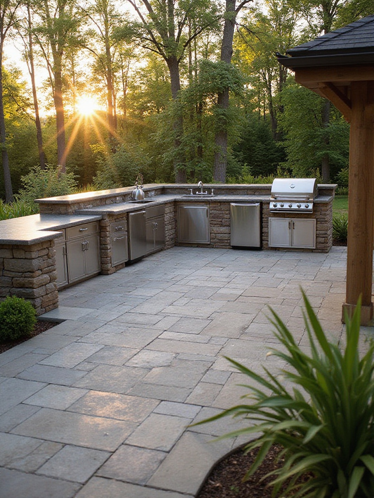 Outdoor kitchen on a stone patio featuring a built-in grill, counter space, and cabinets, surrounded by landscaping.