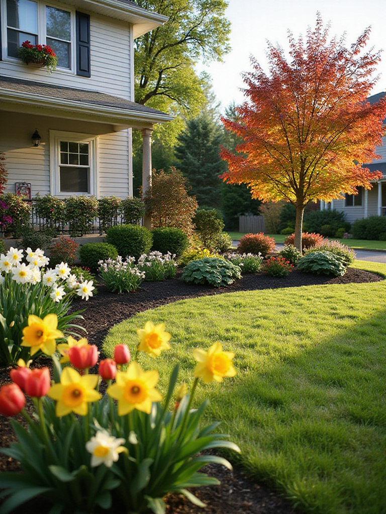 Front yard landscaping showcasing vibrant seasonal plantings for spring, summer, and fall, demonstrating year-round color and texture.