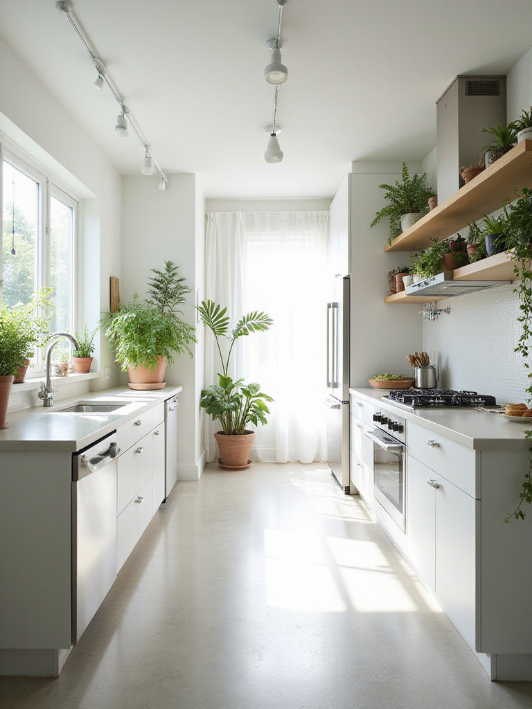 A bright modern kitchen featuring minimalist design with white cabinets, a large island, and stainless steel appliances, enhanced by the inclusion of various green houseplants placed on countertops, shelves, and the floor, adding life and color to the space.