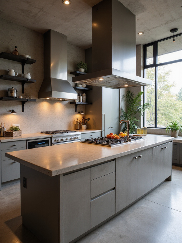Modern kitchen featuring an industrial design with a polished concrete island, steel shelving brackets, and a stainless steel range hood.