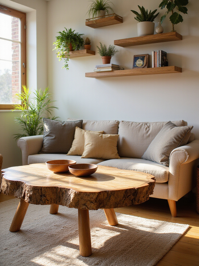 A cozy living room featuring a live-edge wood coffee table, floating wood shelves, and wood furniture accents, illuminated by warm natural light.
