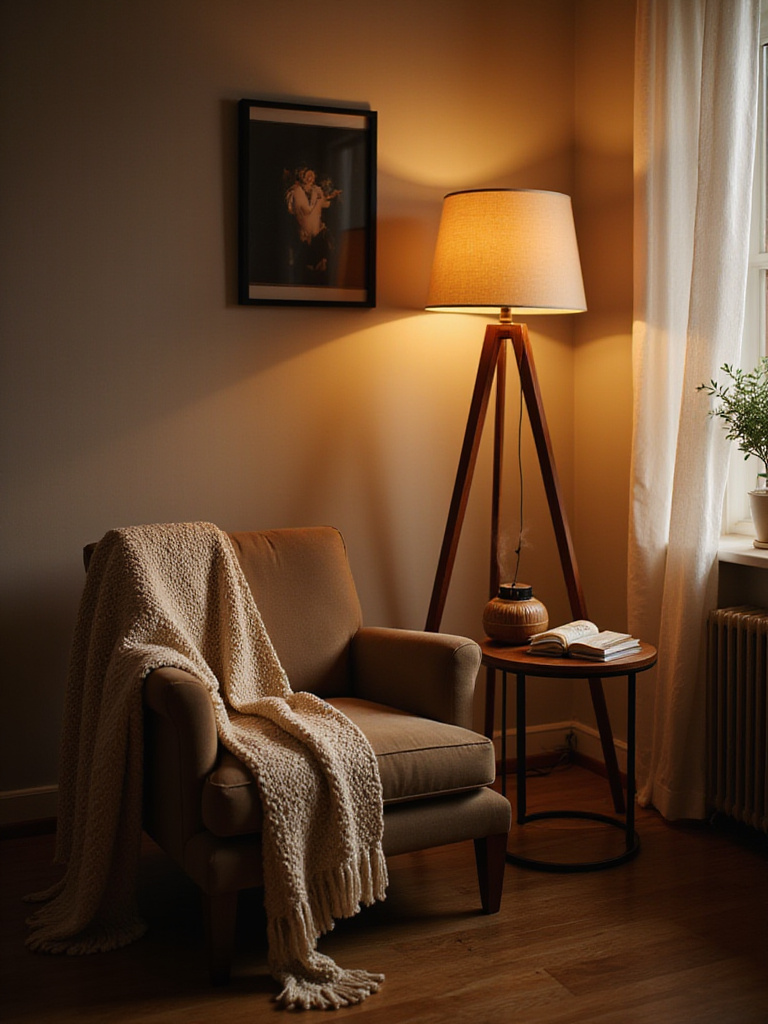 A cozy living room corner with a plush armchair, soft throw, side table, and lamp. A diffuser or potpourri bowl sits on the table, adding a welcoming scent to the warm and inviting space.