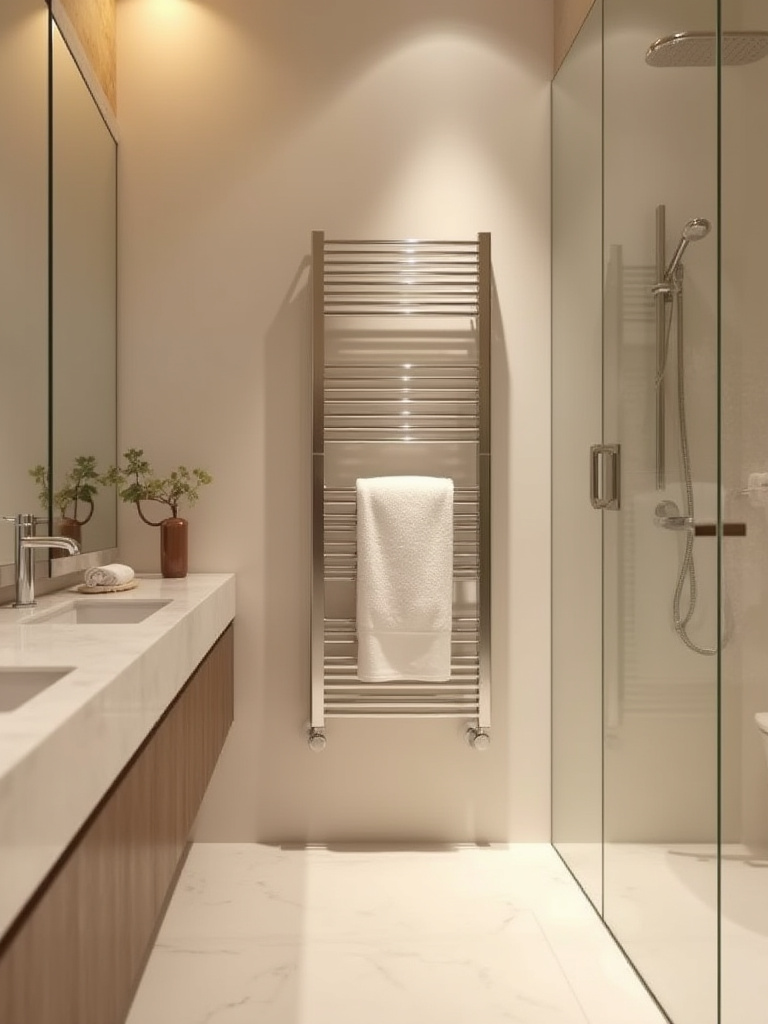 Luxurious modern bathroom featuring a heated towel rack with warm towels.