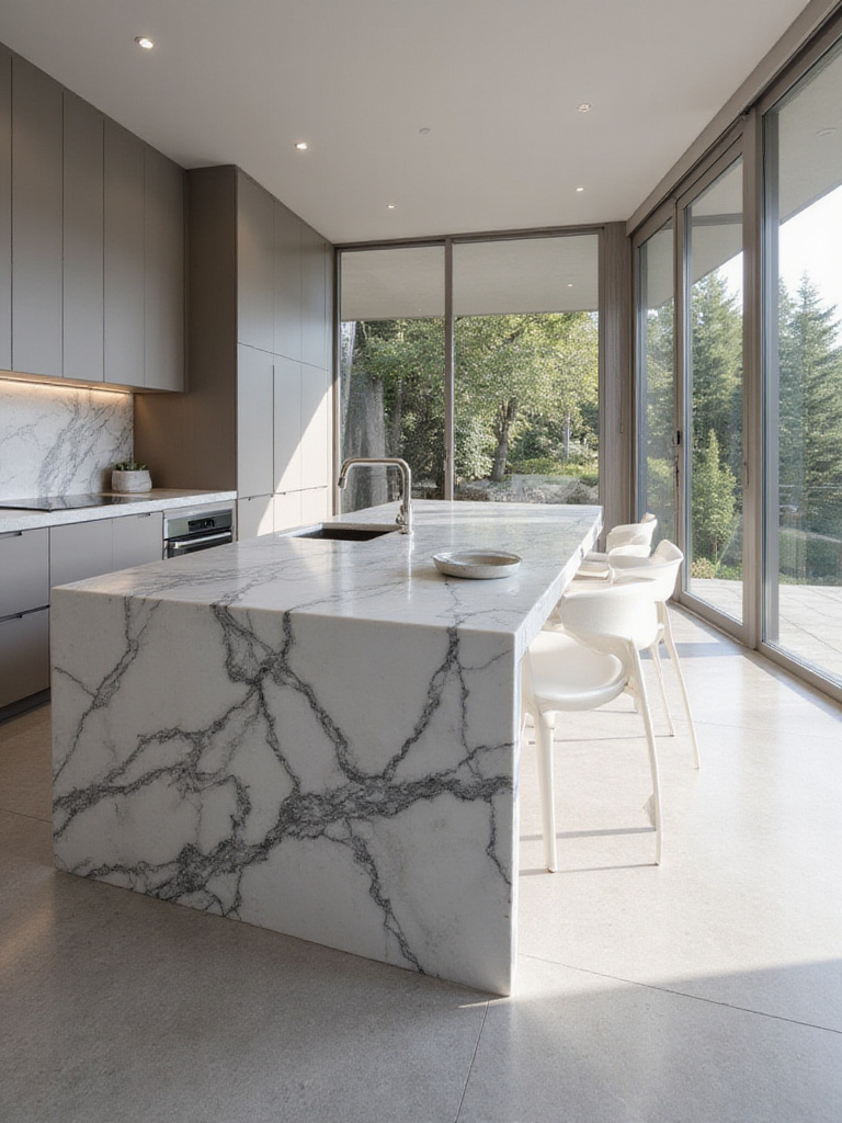 Luxurious modern kitchen featuring a large island with a waterfall edge countertop made of elegant veined marble or quartz, alongside sleek, minimalist cabinets.