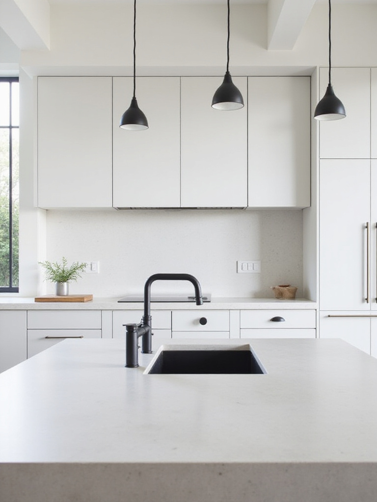 A modern minimalist kitchen featuring white flat-panel cabinets, a large island with a light countertop, and sleek matte black faucet, cabinet hardware, and pendant lights.
