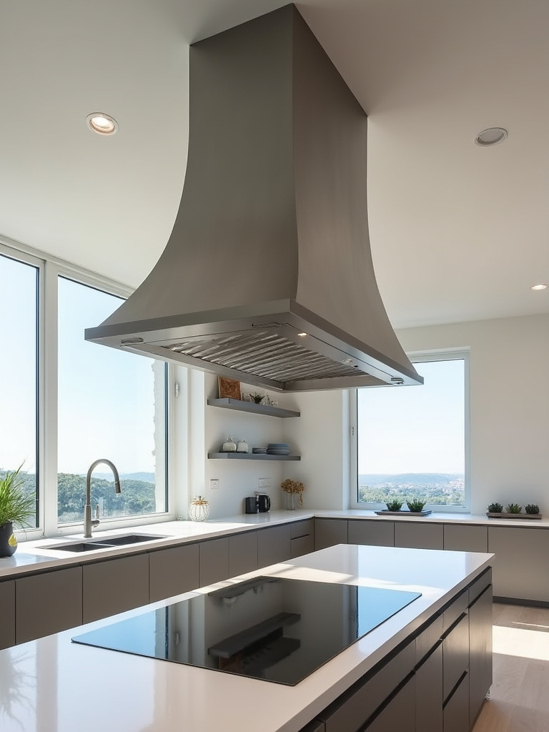 Spacious modern kitchen featuring a large, sculptural brushed metal statement range hood above a central island cooktop.