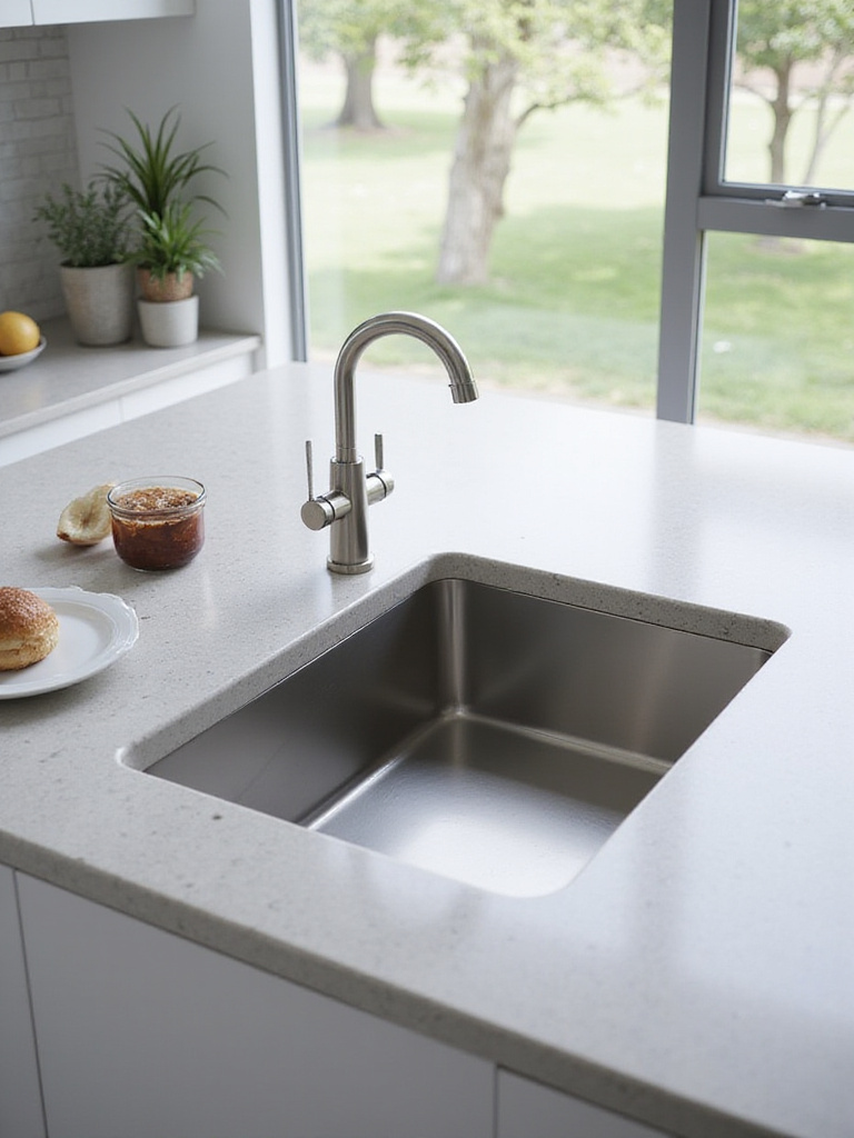 A modern kitchen countertop featuring a large, seamless stainless steel undermount sink integrated into a light gray quartz counter.