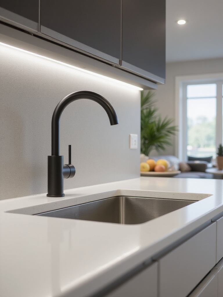 A modern kitchen sink area featuring a sleek, dark touchless faucet, undermount sink, and minimalist countertop with subtle under-cabinet lighting.