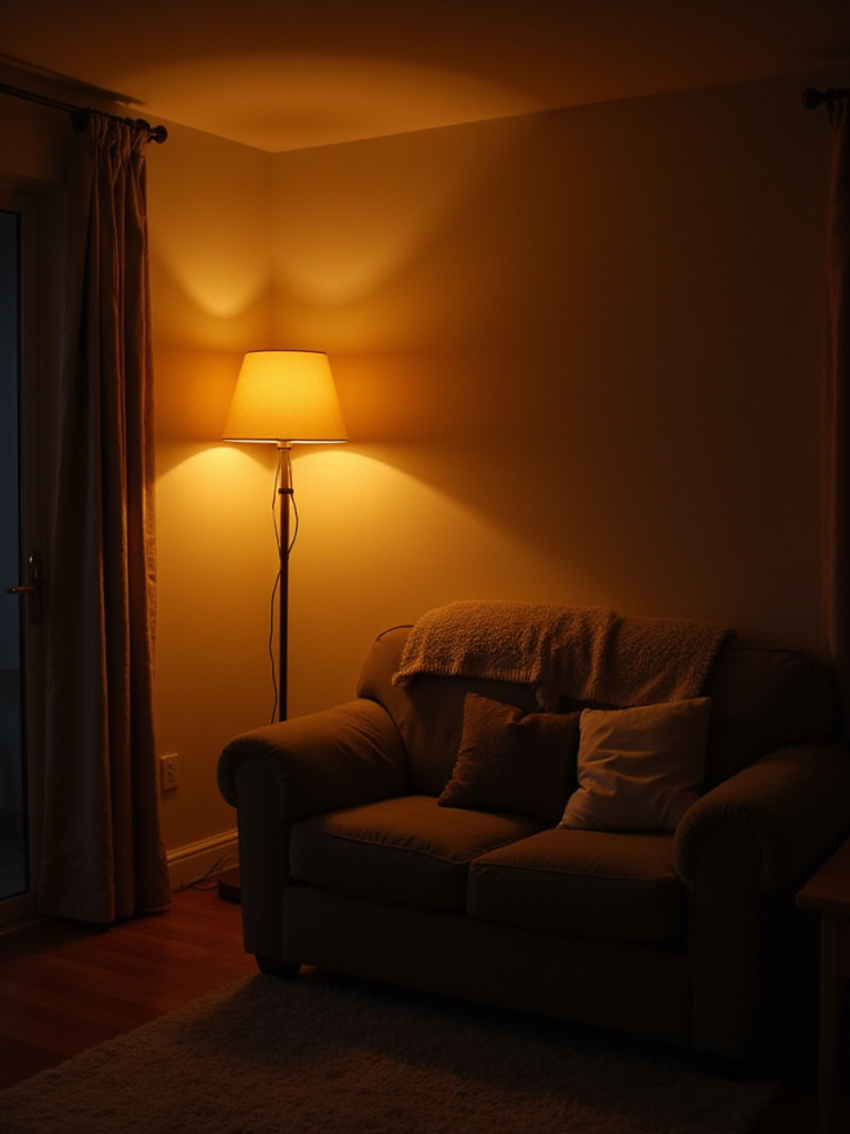 Cozy living room with a soft, warm glow from an ambient floor lamp casting gentle light over a comfortable sofa and rug.