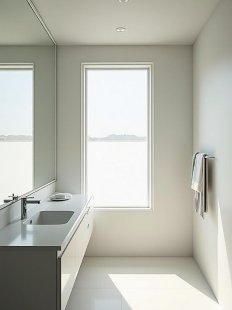 A small, modern bathroom with a large, frameless mirror above the vanity, creating the illusion of a much larger space by reflecting the room and light.