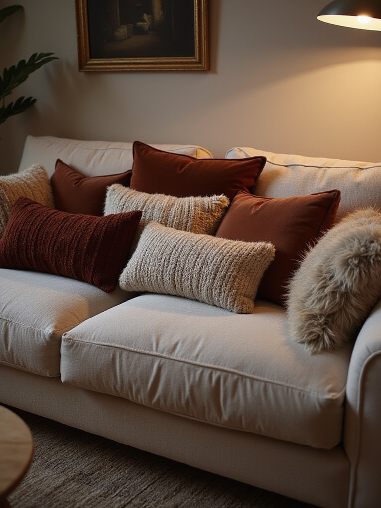 A cozy living room sofa layered with an assortment of soft, inviting throw pillows and cushions in various textures and warm colors.