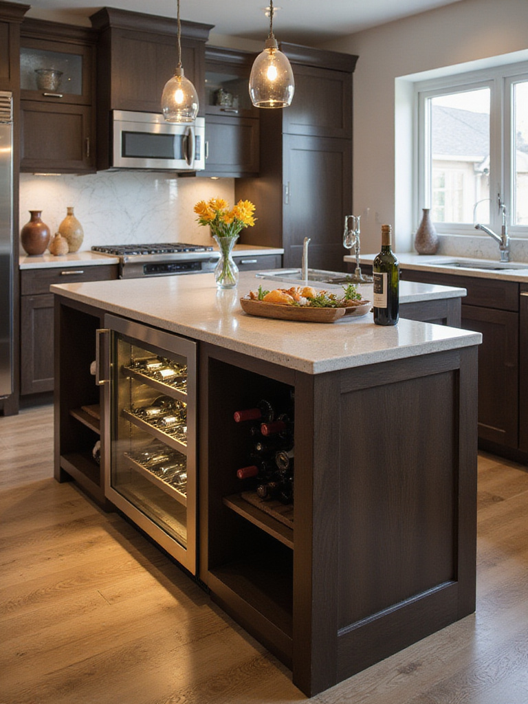Built-in wine refrigerator integrated into a kitchen island, showcasing a collection of wine bottles.