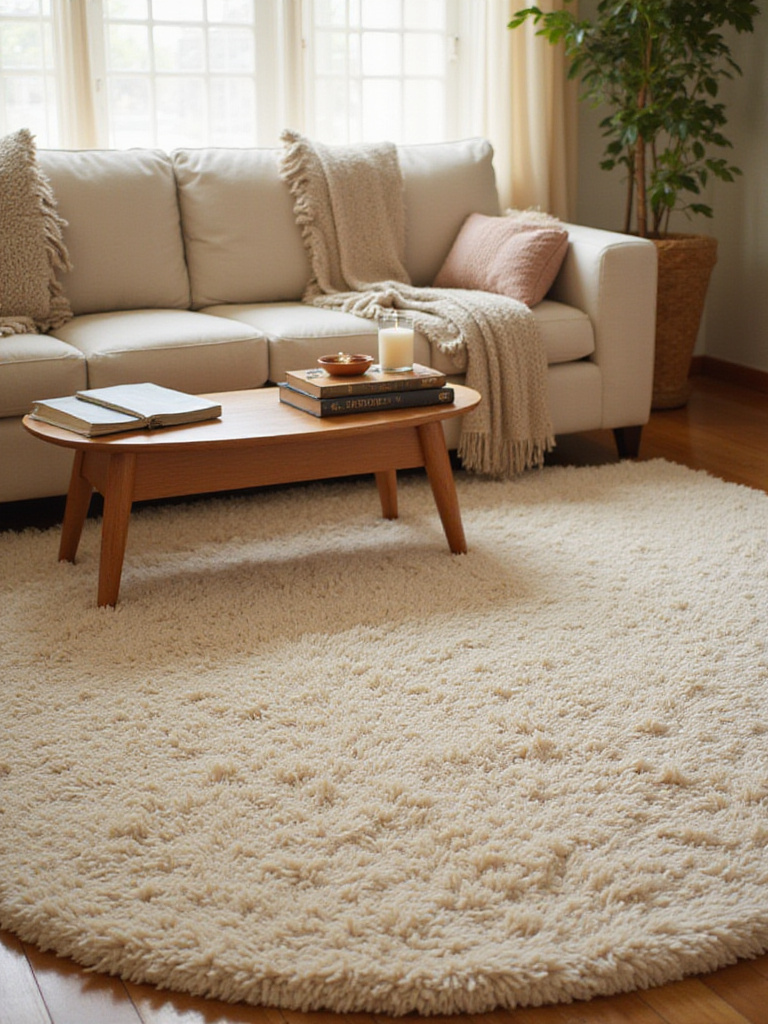 Cozy living room with plush cream-colored shag rug anchoring sofa and coffee table.