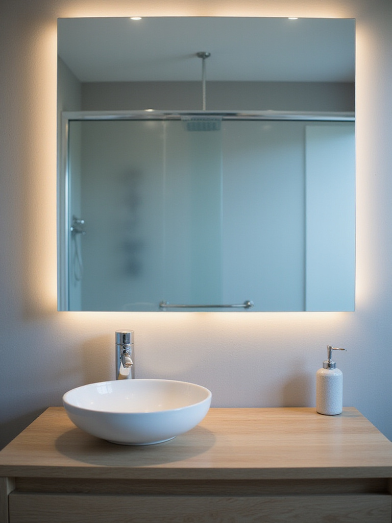 Clear reflection in an anti-fog bathroom mirror after a shower.