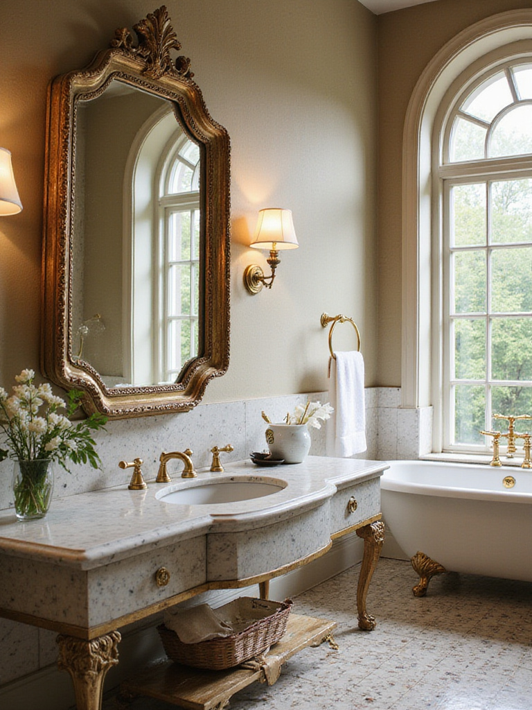 Bathroom featuring a large antique mirror above a marble vanity.
