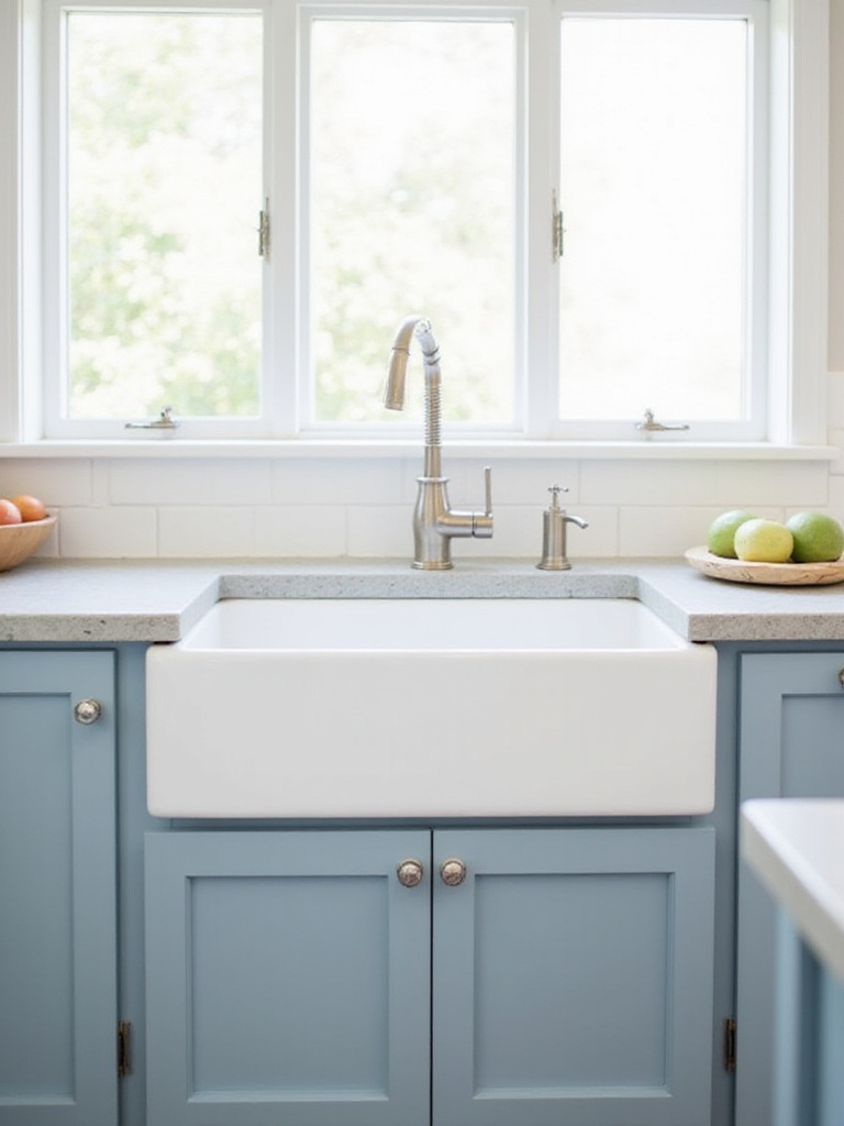 White fireclay apron front sink in a modern farmhouse kitchen.