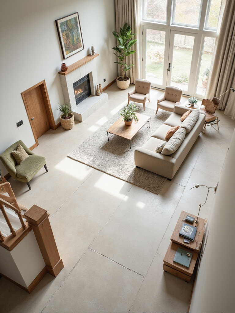 Elevated view of a modern living room with furniture arranged to create a central conversation area and clear pathways for easy movement.