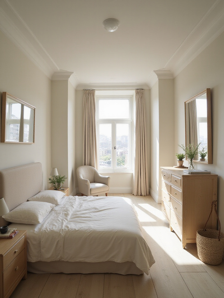 A well-arranged bedroom showing furniture placement optimized for clear pathways and visual harmony. Features a bed, dresser, and chair with ample space around them.