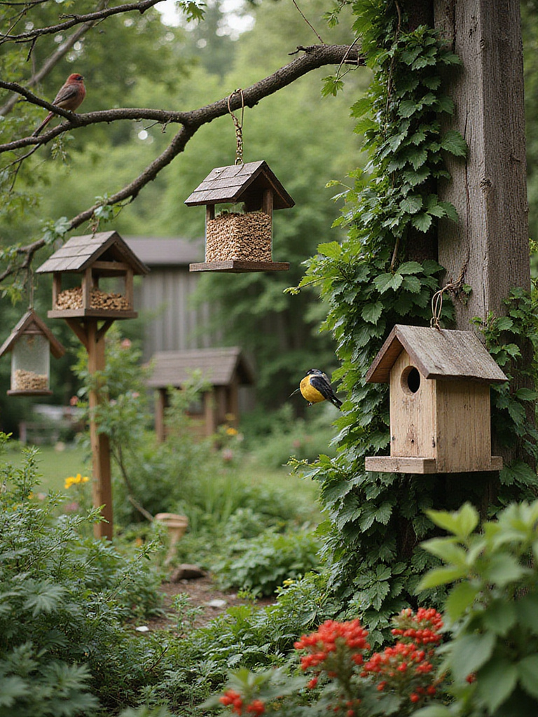 Backyard garden with bird feeders and a birdhouse, attracting local wildlife.