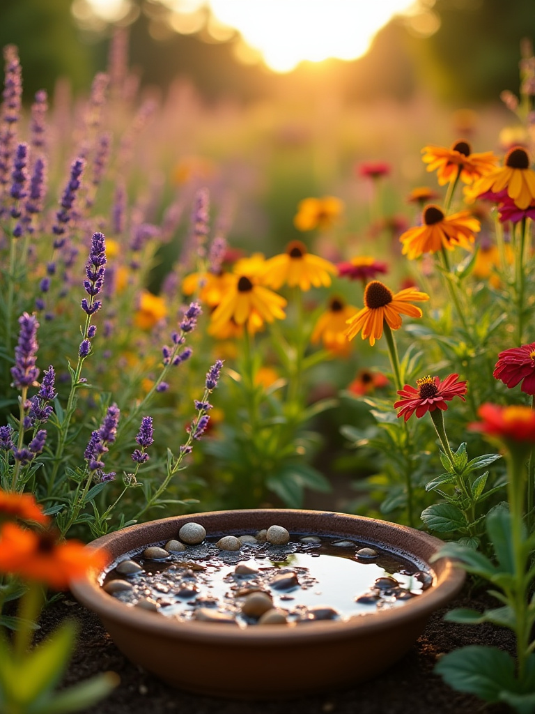 Pollinator garden with colorful flowers attracting bees and butterflies