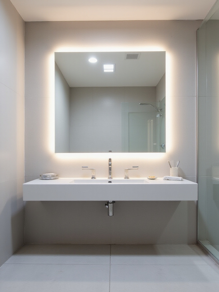 Modern bathroom with a rectangular backlit mirror providing ambient lighting above a floating vanity.