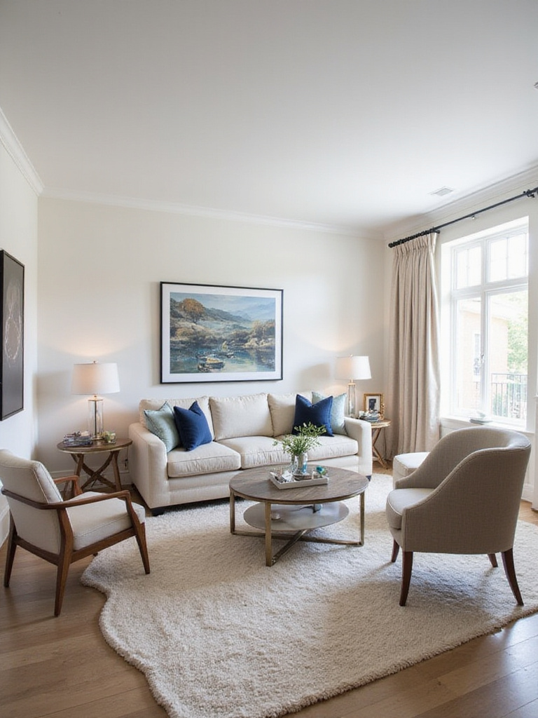 A modern living room demonstrating balanced scale and proportion with appropriately sized furniture, rug, and decor.