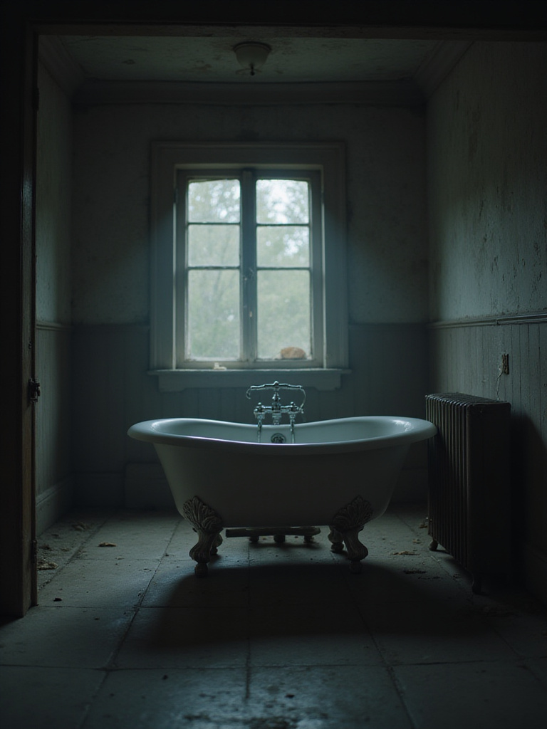 Vintage claw-foot bathtub in a moody, dimly lit room with peeling wallpaper, suggesting historical and cinematic settings.
