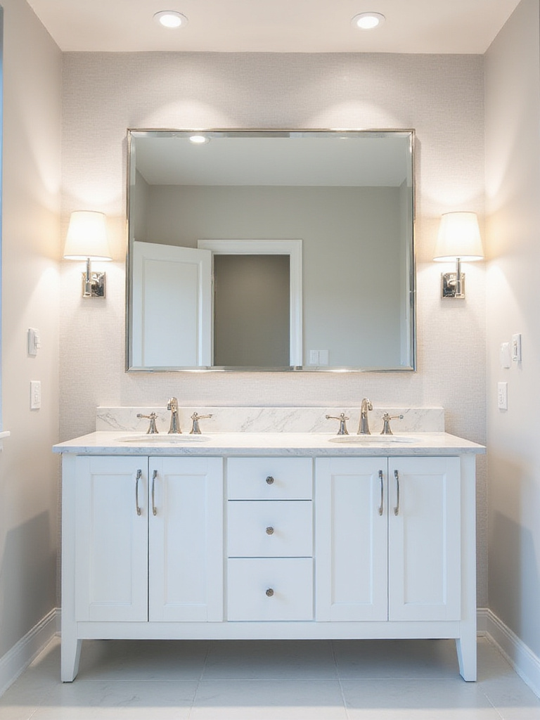Modern bathroom with a large beveled edge mirror above a double vanity.